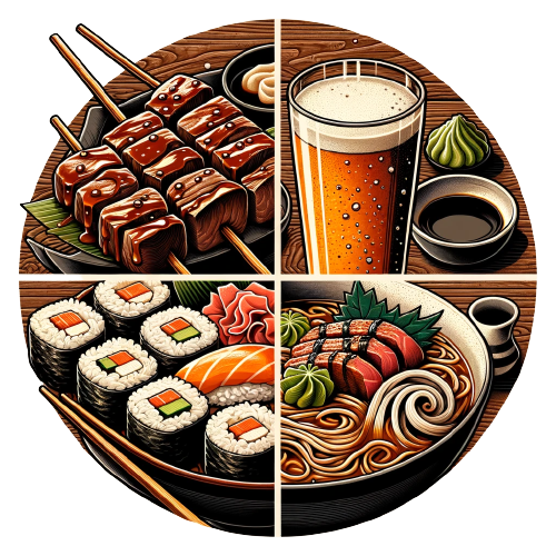 DALL_E_2023-10-31_16.11.18_-_Circular_vector_image_split_into_four_sections._Q1_features_a_teriyaki_dish__with_skewered_beef_and_vegetables_drizzled_in_a_thick__glossy_sauce__set_-removebg-preview
